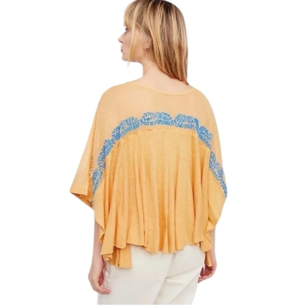 FREE PEOPLE Love Letter Embroidered Poncho Tee in Tangerine Yellow Size S — FUN! - Picture 6 of 12